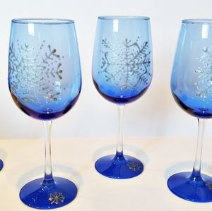 Blue Stemmed Wine Glasses Hand Painted Snowflakes